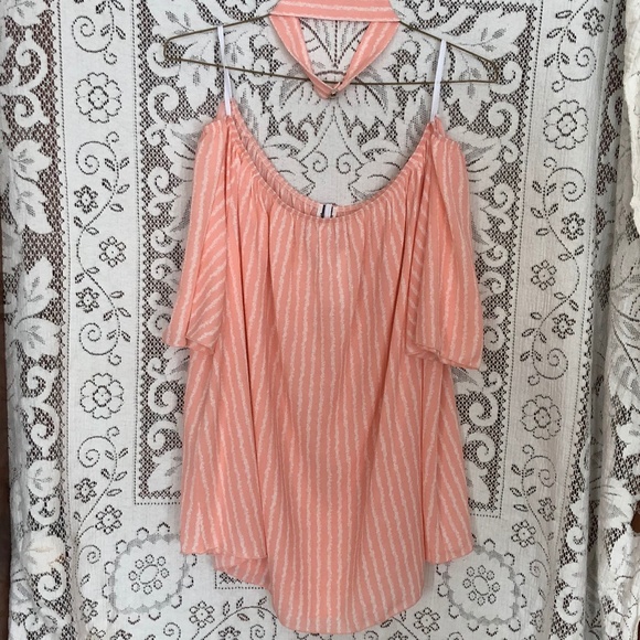 Tops - Striped Off Shoulder Top with Choker